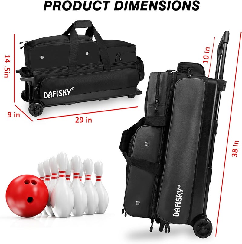 DAFISKY 3 ball bowling bags with wheels, bowling ball bag 3 ball roller with Multiple Pockets Retractable Handle - Image 1
